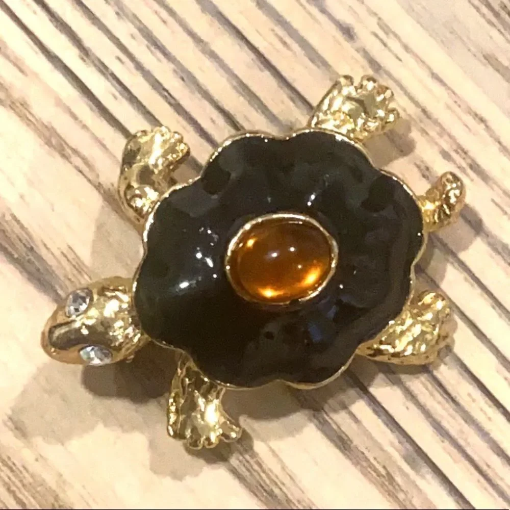 Vintage Gold Enamel Amber Stone Turtle Pin Brooch